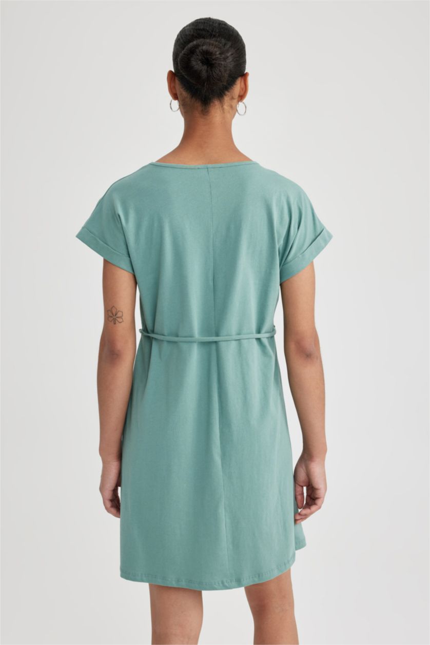 Kadın Yeşil A Kesim Bisiklet Yaka Penye Kısa Kollu Elbise