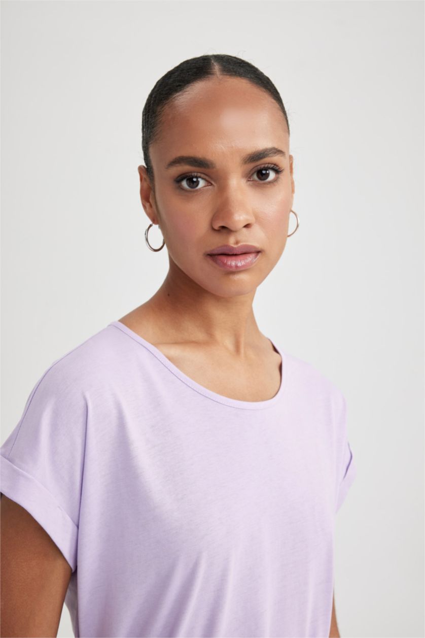 Kadın Lila A Kesim Bisiklet Yaka Penye Kısa Kollu Elbise