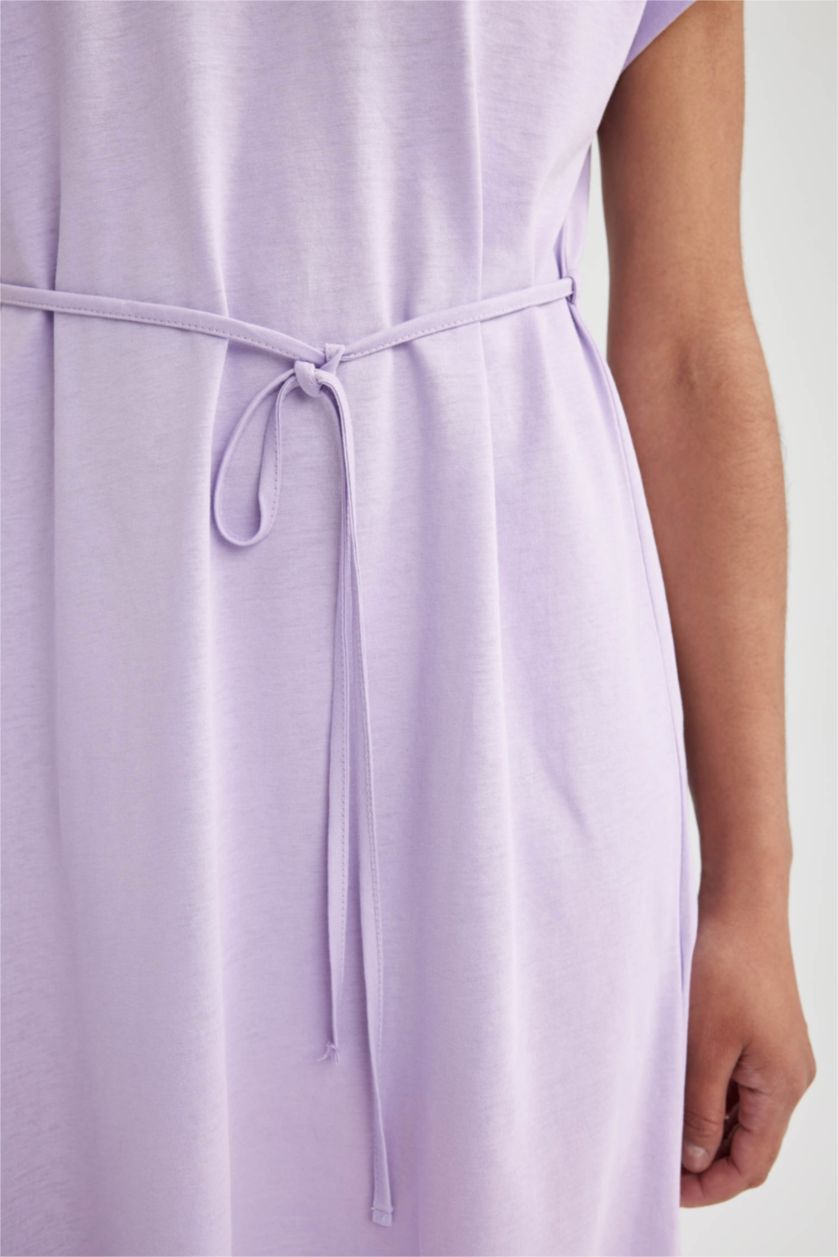 Kadın Lila A Kesim Bisiklet Yaka Penye Kısa Kollu Elbise