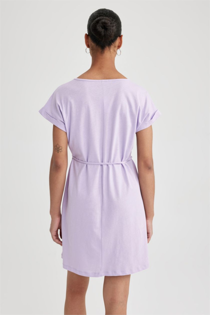 Kadın Lila A Kesim Bisiklet Yaka Penye Kısa Kollu Elbise