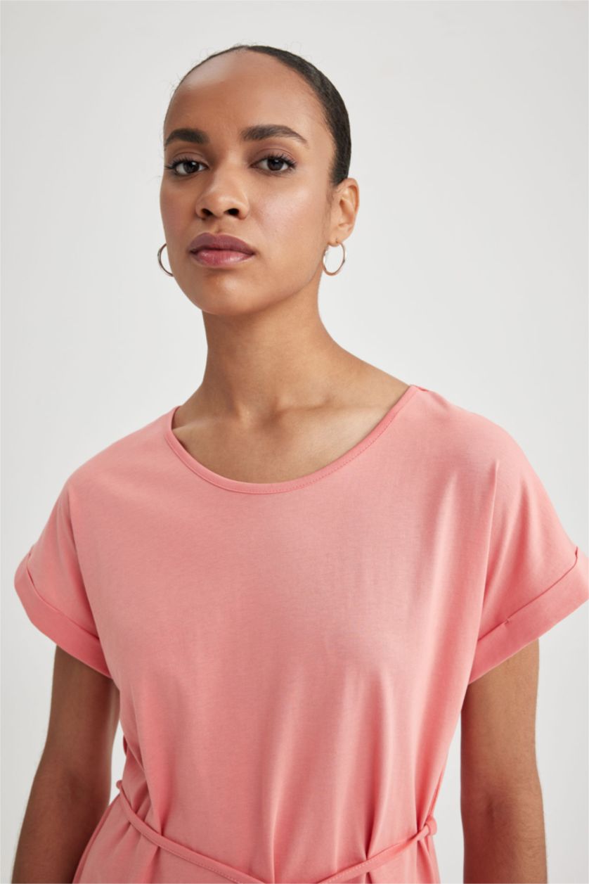 Kadın Mercan A Kesim Bisiklet Yaka Penye Kısa Kollu Elbise