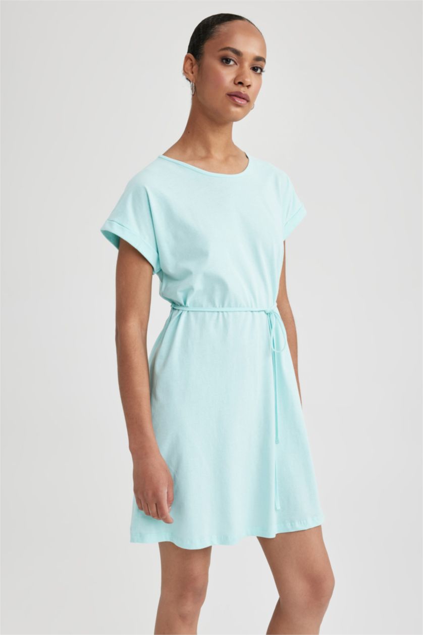 Kadın Deniz Mavisi A Kesim Bisiklet Yaka Penye Kısa Kollu Elbise