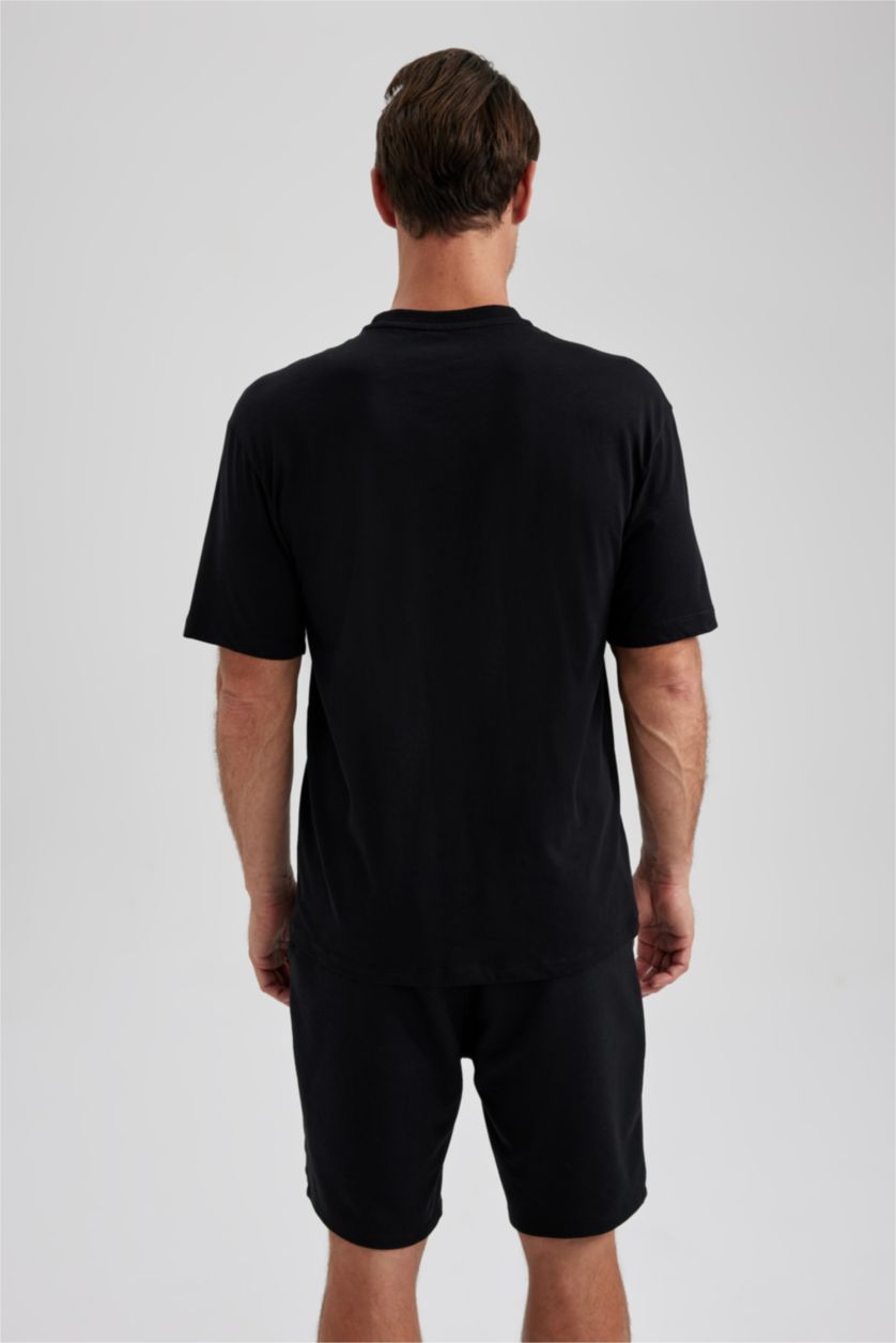 رجال أسود تي شيرت نص ردن بياخة مستديرة وقصة عادية