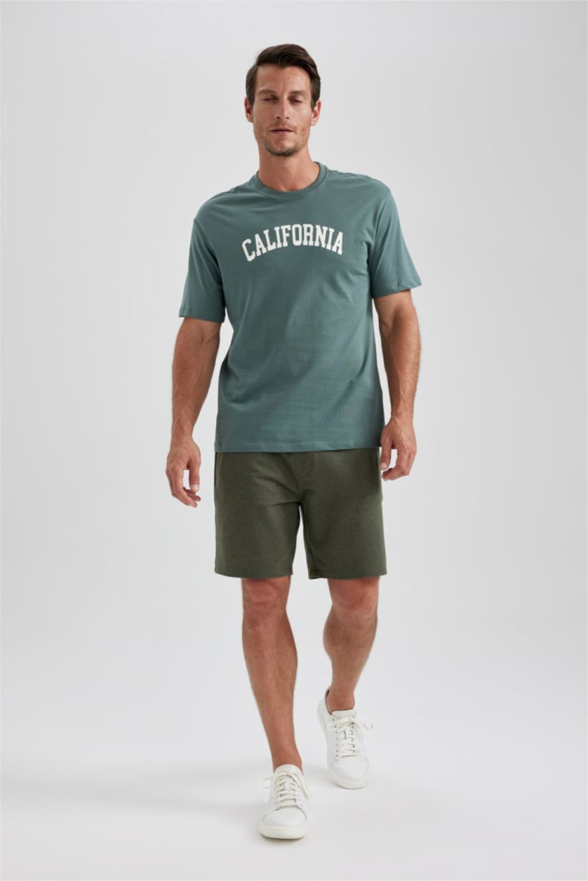 Erkek Yeşil %100 Pamuk Regular Fit Bisiklet Yaka Baskılı Kısa Kollu Tişört