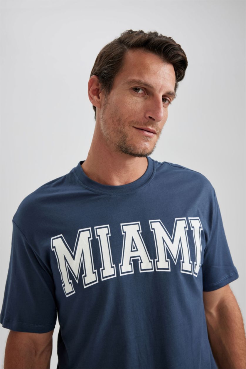 Erkek İndigo %100 Pamuk Regular Fit Bisiklet Yaka Baskılı Kısa Kollu Tişört