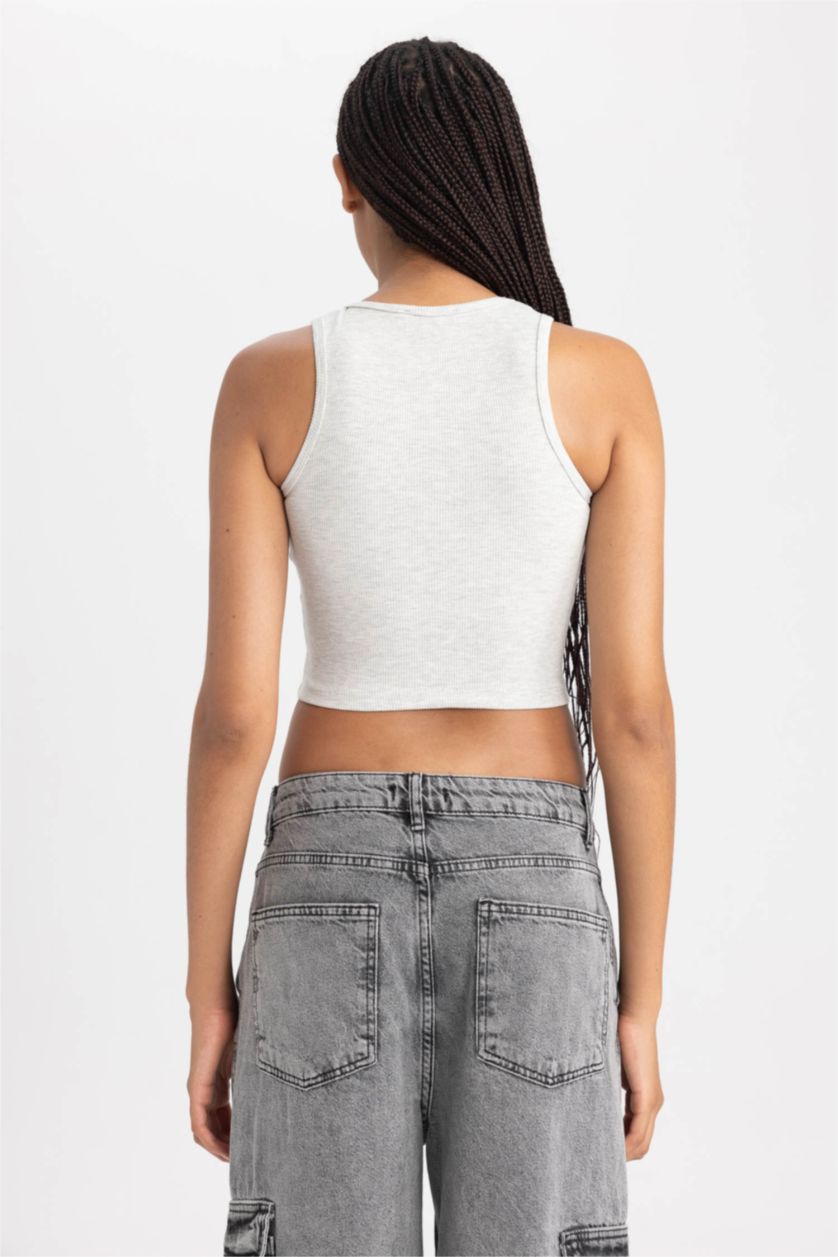Kadın Gri Melanj Fıtted Halter Yaka Atlet
