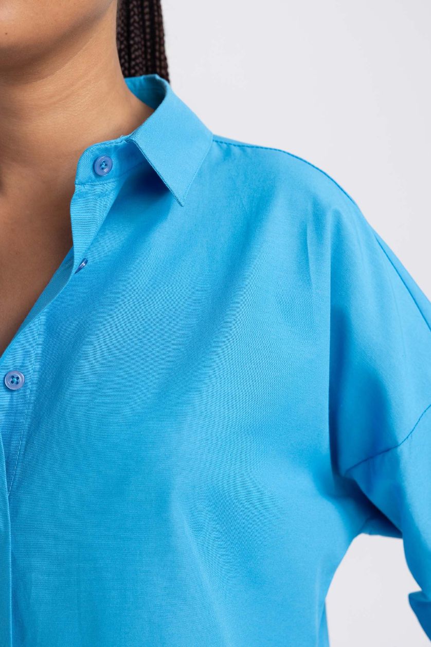 Kadın Mavi Oversıze Gömlek Yaka Poplin Uzun Kollu Tunik