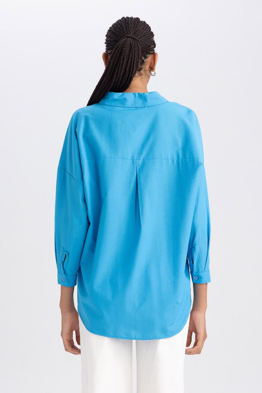 Kadın Mavi Oversıze Gömlek Yaka Poplin Uzun Kollu Tunik