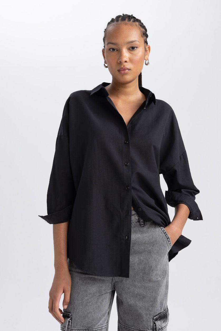 Woman Black Oversize Fit Poplin Shirt Collar Long Sleeve Tunic