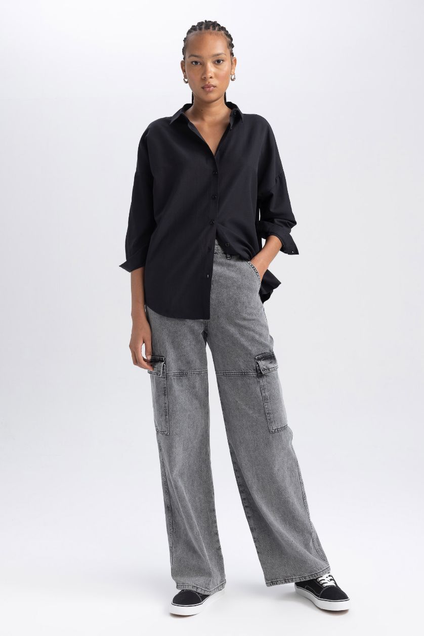 Woman Black Oversize Fit Poplin Shirt Collar Long Sleeve Tunic