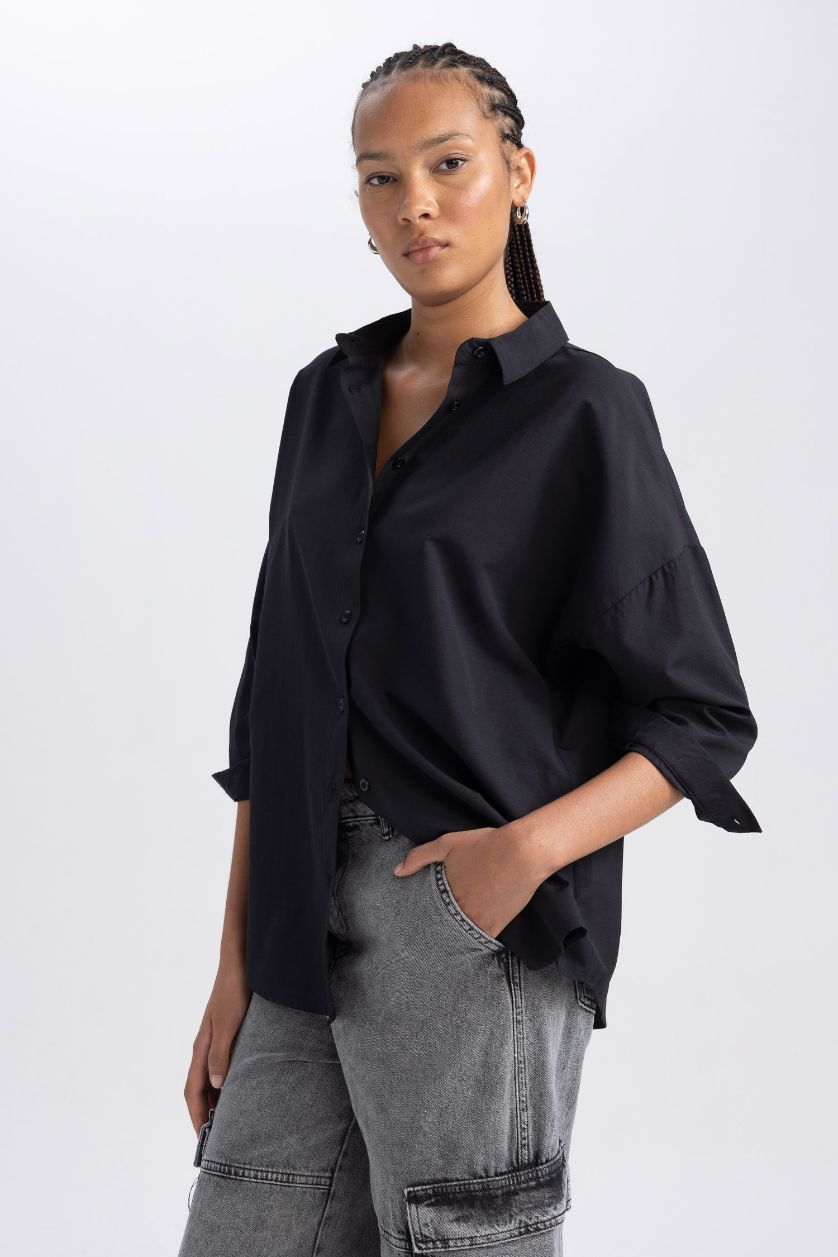 Woman Black Oversize Fit Poplin Shirt Collar Long Sleeve Tunic