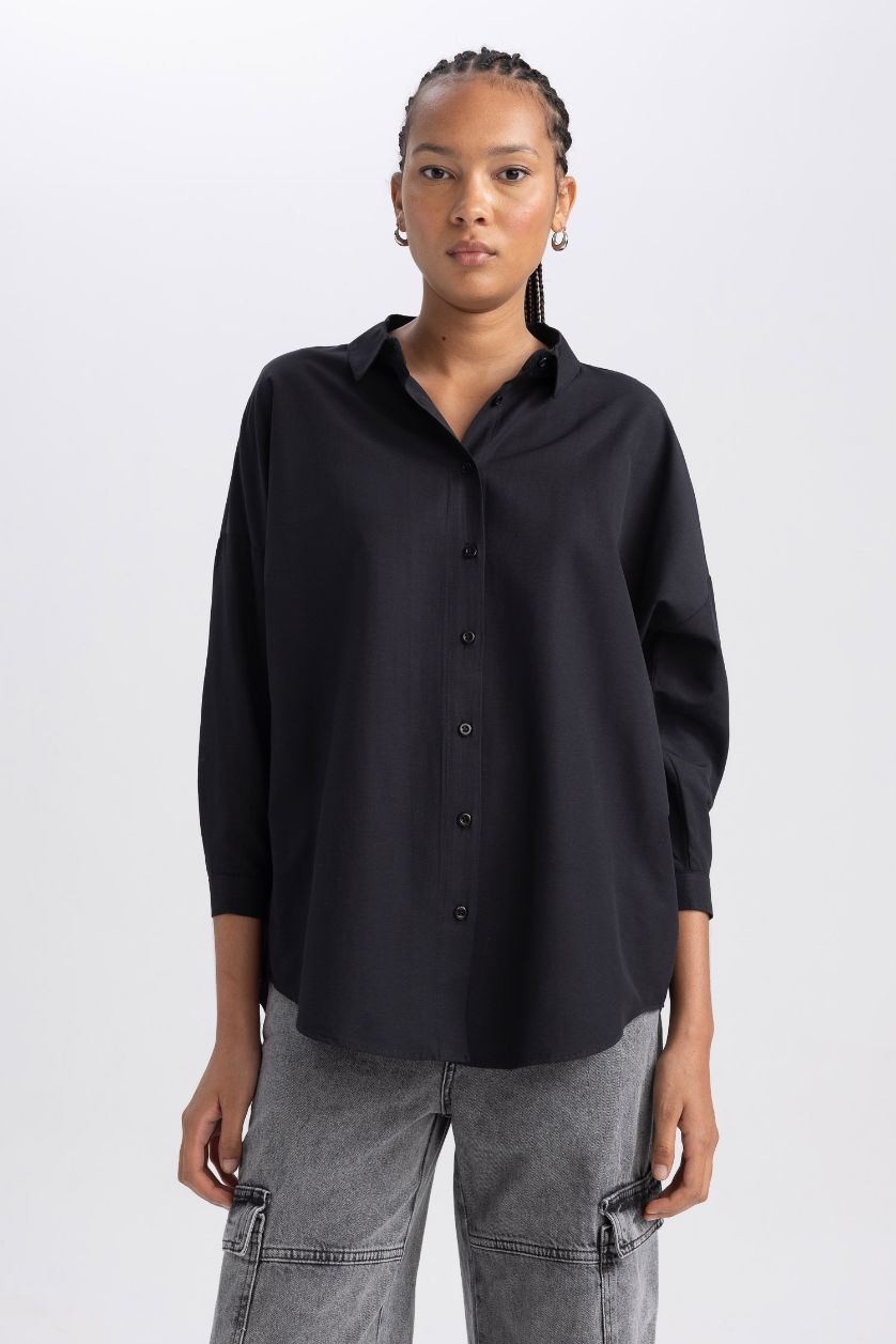 Woman Black Oversize Fit Poplin Shirt Collar Long Sleeve Tunic