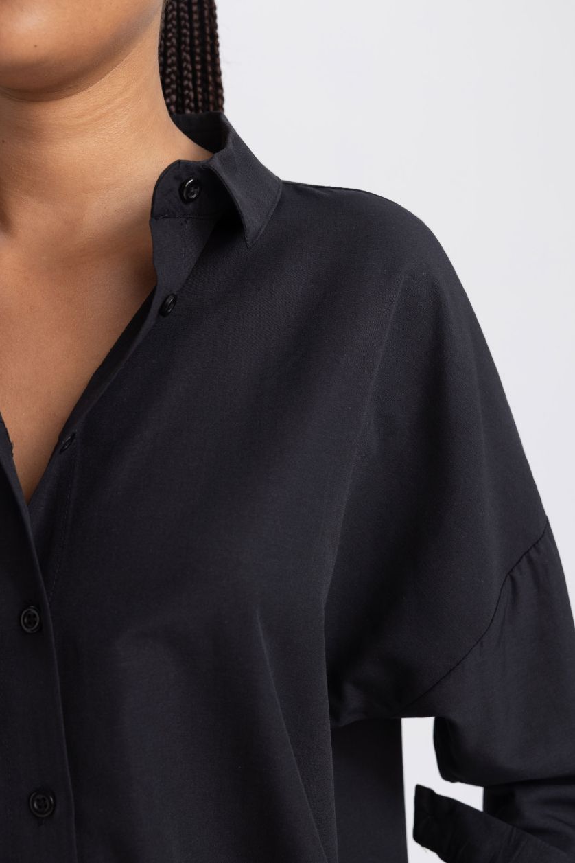 Woman Black Oversize Fit Poplin Shirt Collar Long Sleeve Tunic