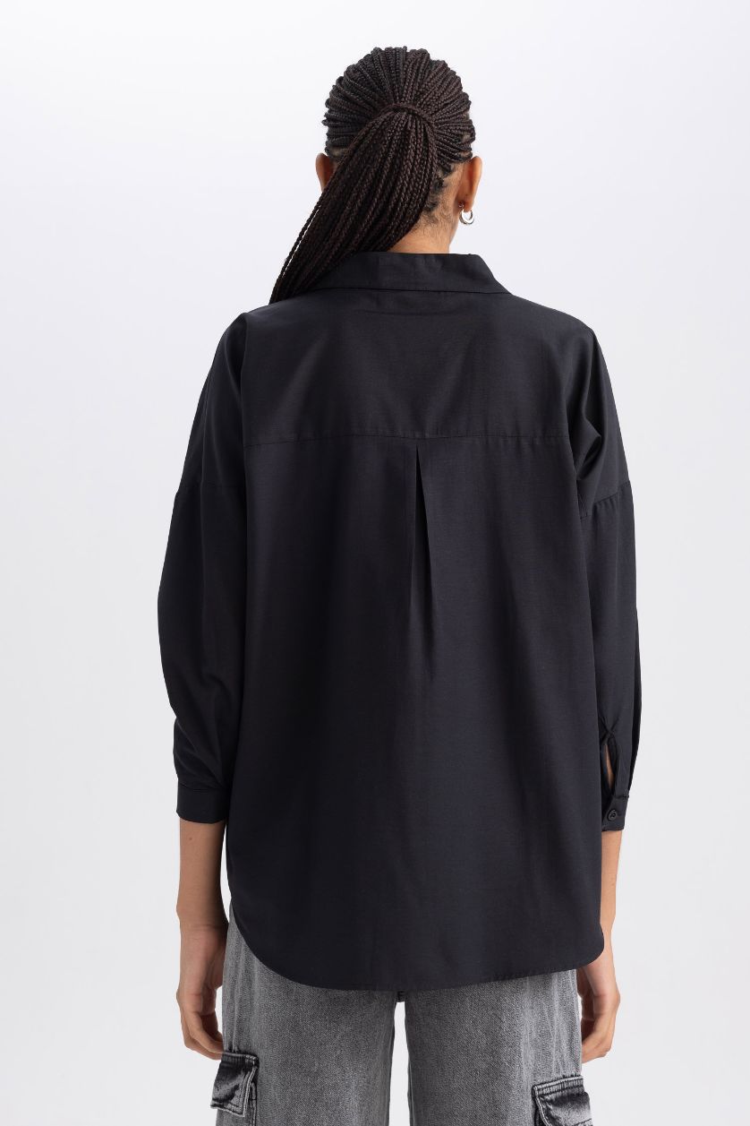 Woman Black Oversize Fit Poplin Shirt Collar Long Sleeve Tunic