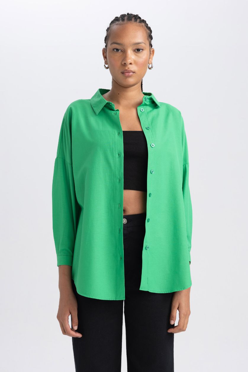 نساء أخضر قميص ردن طويل بوبلين اوفر سايز