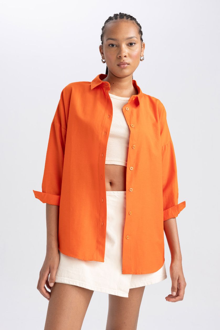 Woman Orange Oversize Fit Poplin Shirt Collar Long Sleeve Tunic