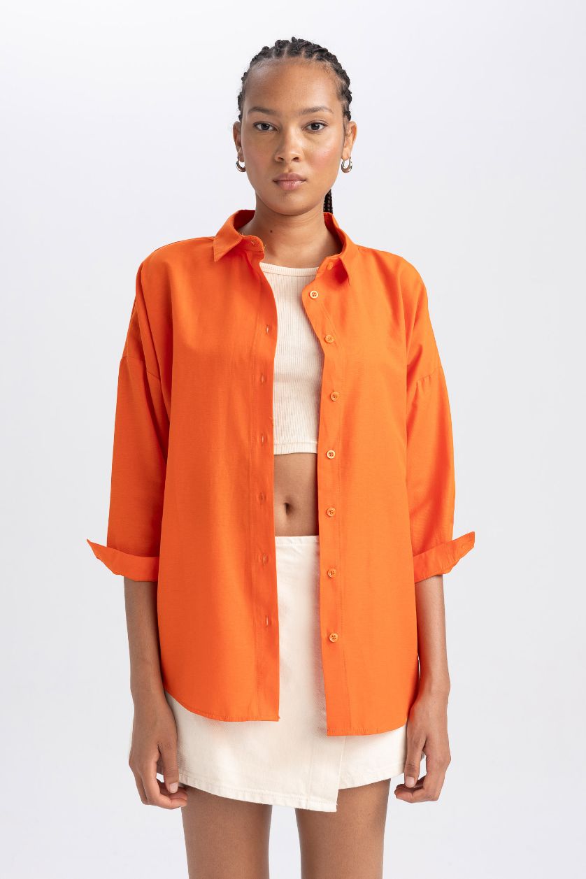 Woman Orange Oversize Fit Poplin Shirt Collar Long Sleeve Tunic