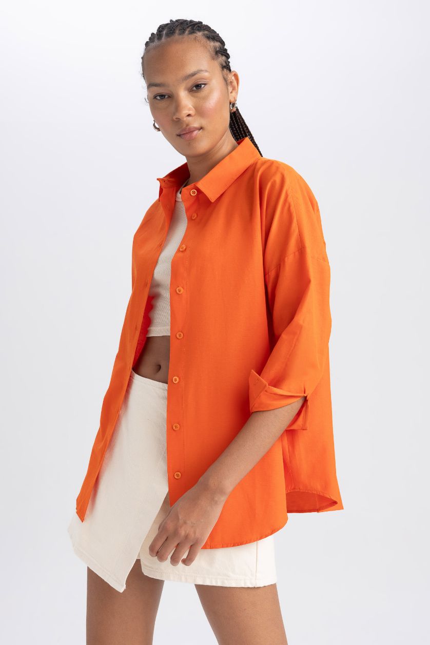 Woman Orange Oversize Fit Poplin Shirt Collar Long Sleeve Tunic