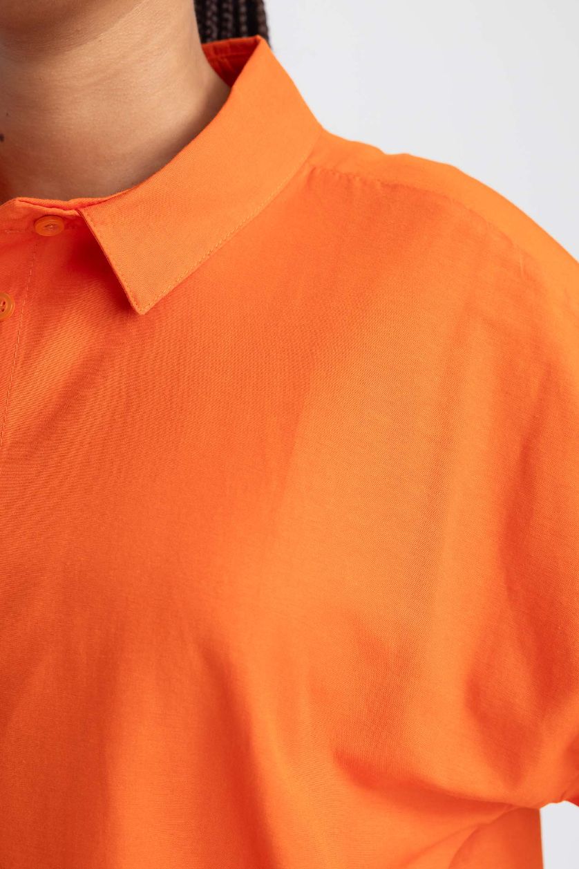 Woman Orange Oversize Fit Poplin Shirt Collar Long Sleeve Tunic