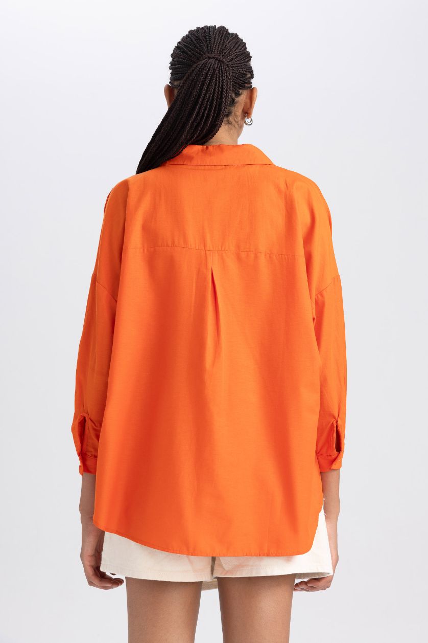 Woman Orange Oversize Fit Poplin Shirt Collar Long Sleeve Tunic