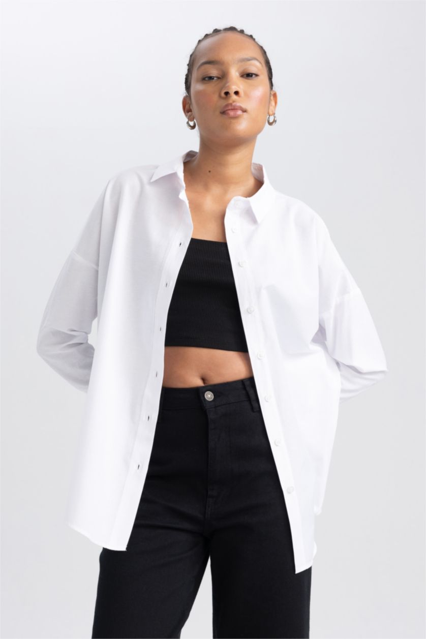 Women White Oversize Fit Poplin Long Sleeve Tunic