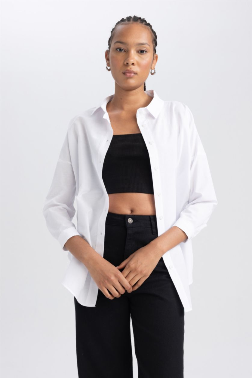 Women White Oversize Fit Poplin Long Sleeve Tunic