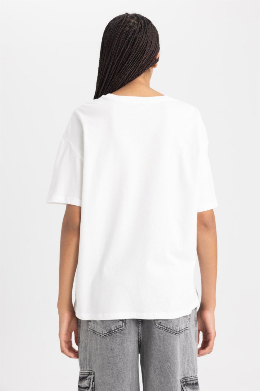 Kadın Ekru Oversıze Bisiklet Yaka Kısa Kollu Tişört