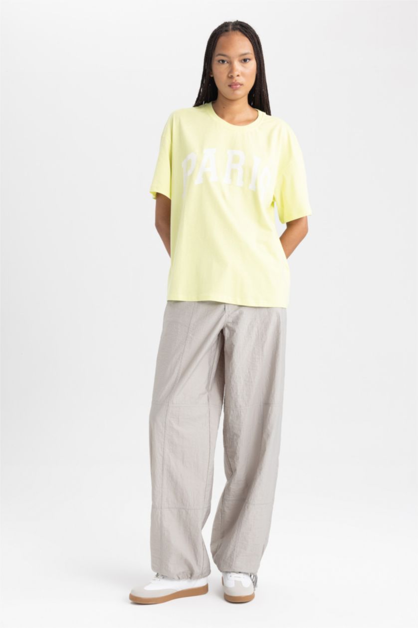 Kadın Yeşil Oversıze Bisiklet Yaka Kısa Kollu Tişört