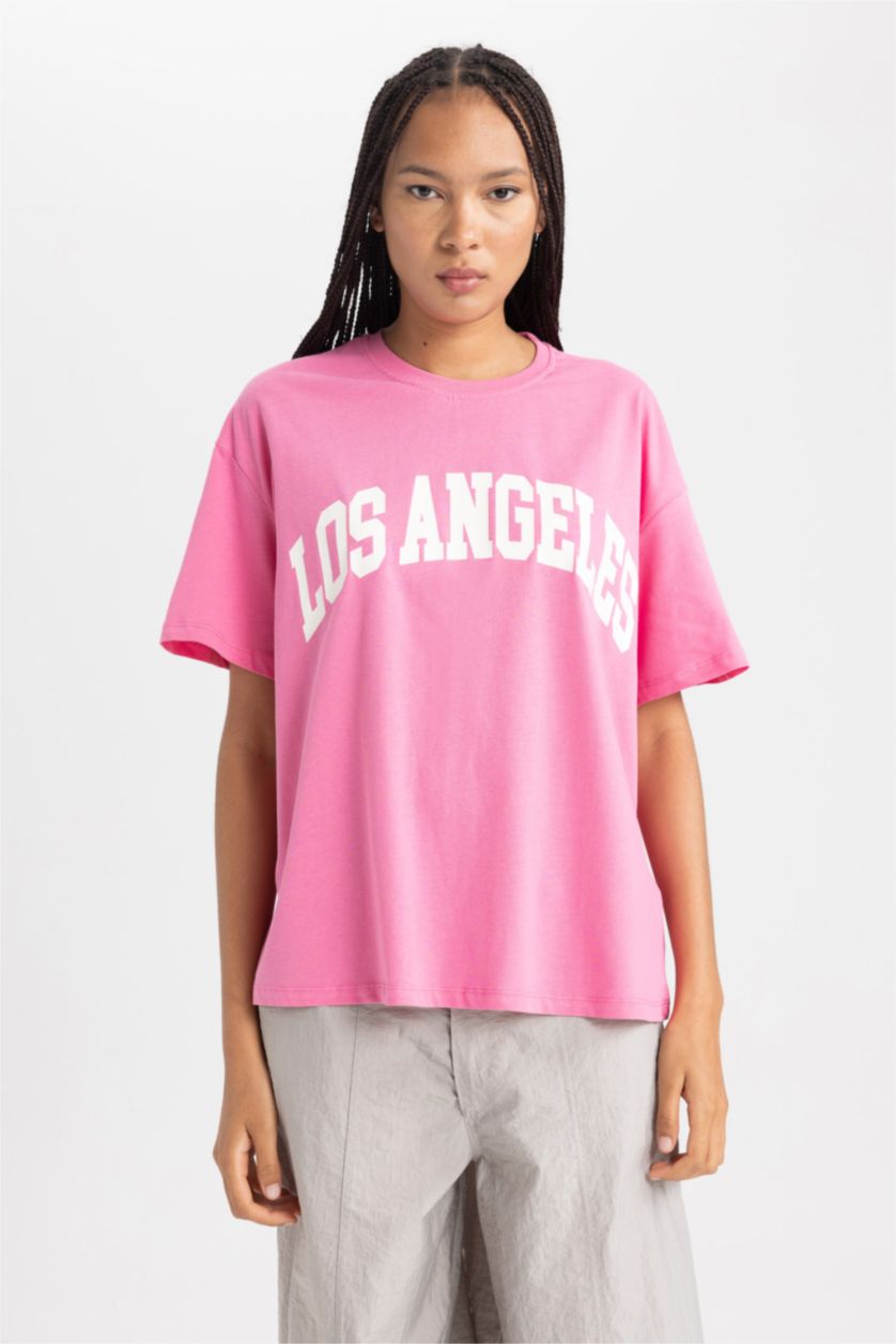 Woman Pink Oversize Fit Crew Neck Short Sleeve T-Shirt