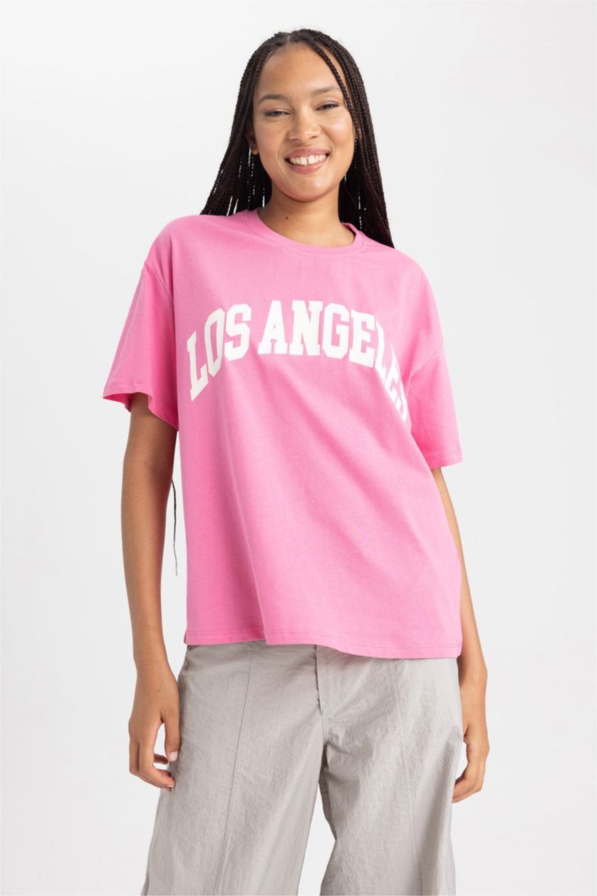 Woman Pink Oversize Fit Crew Neck Short Sleeve T-Shirt