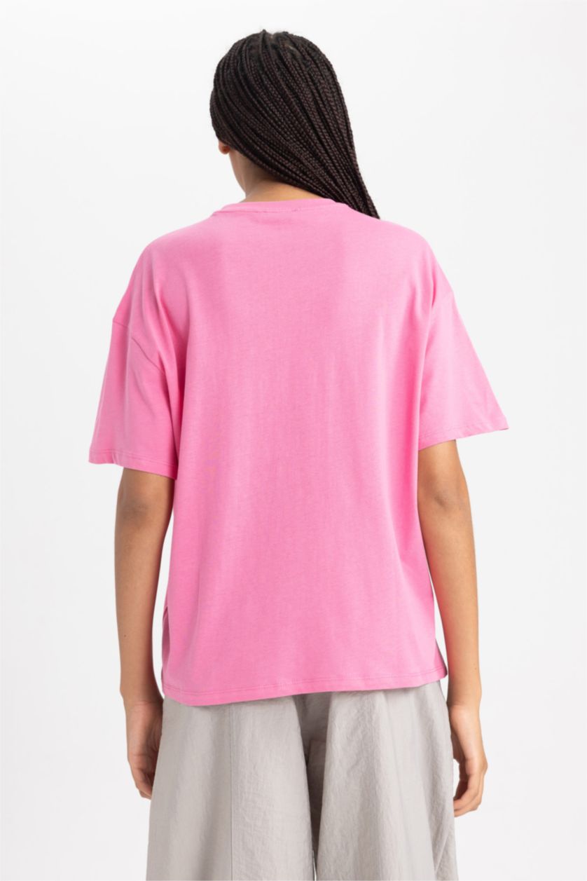 Woman Pink Oversize Fit Crew Neck Short Sleeve T-Shirt