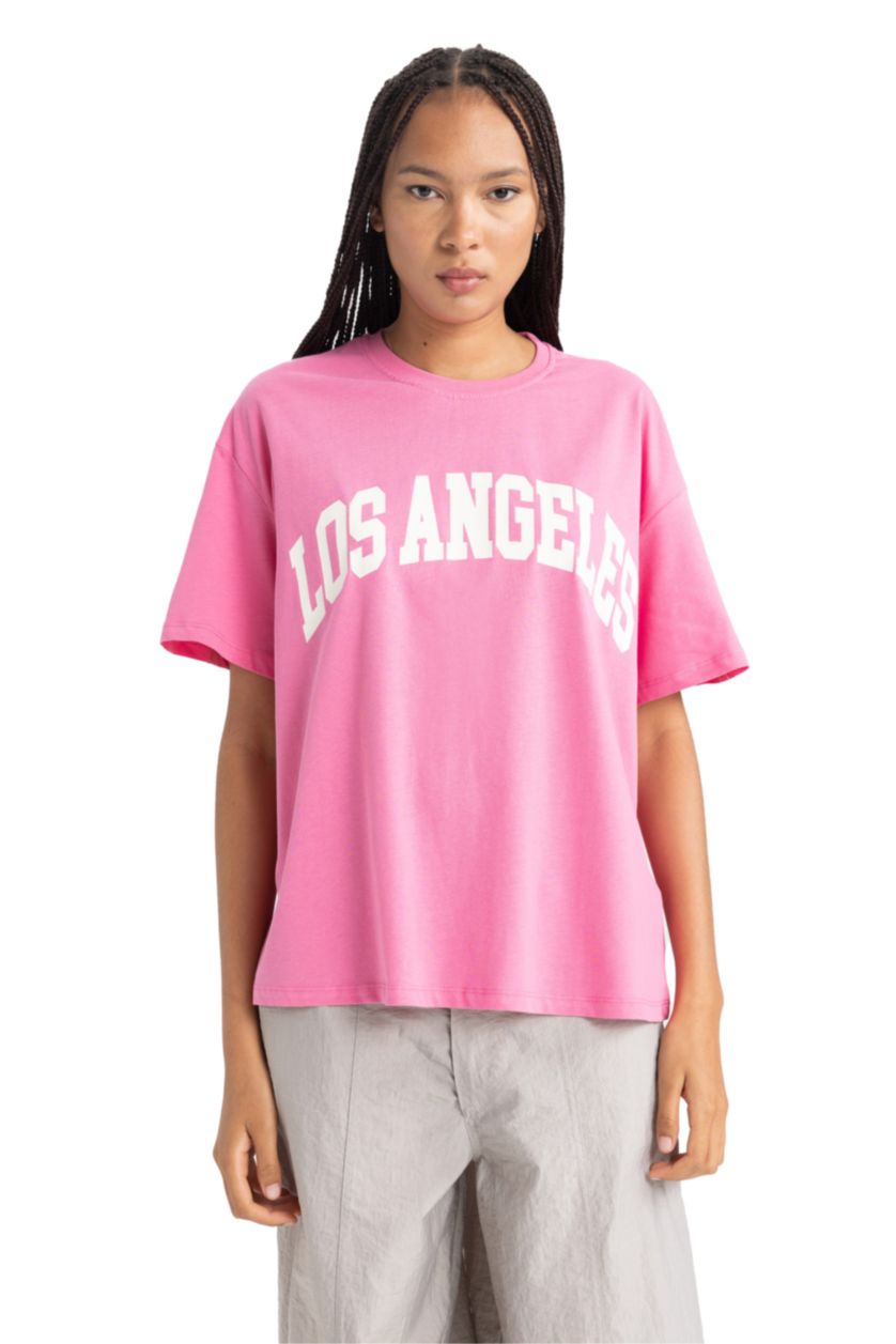 Woman Pink Oversize Fit Crew Neck Short Sleeve T-Shirt