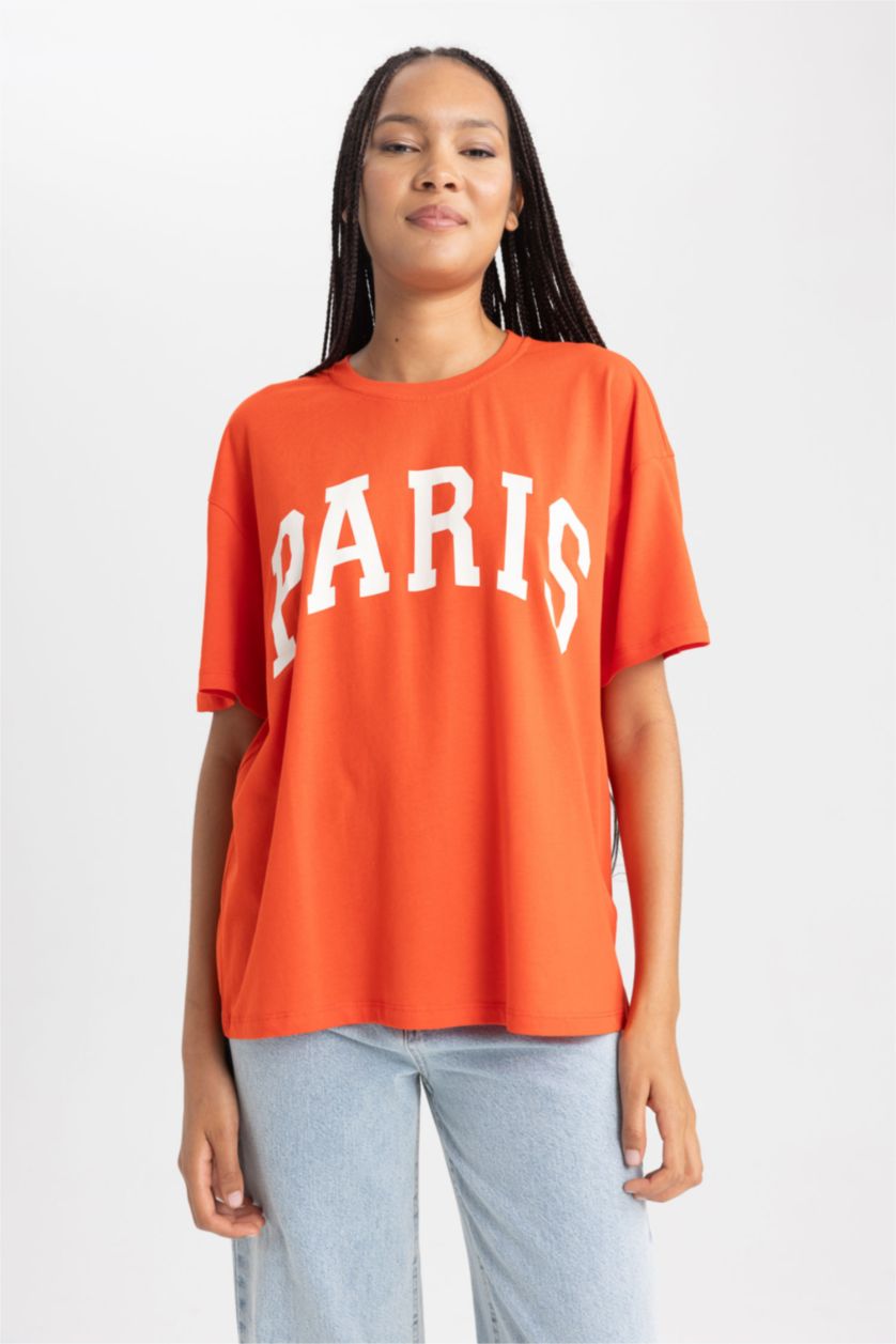 Woman Red Oversize Fit Crew Neck Short Sleeve T-Shirt