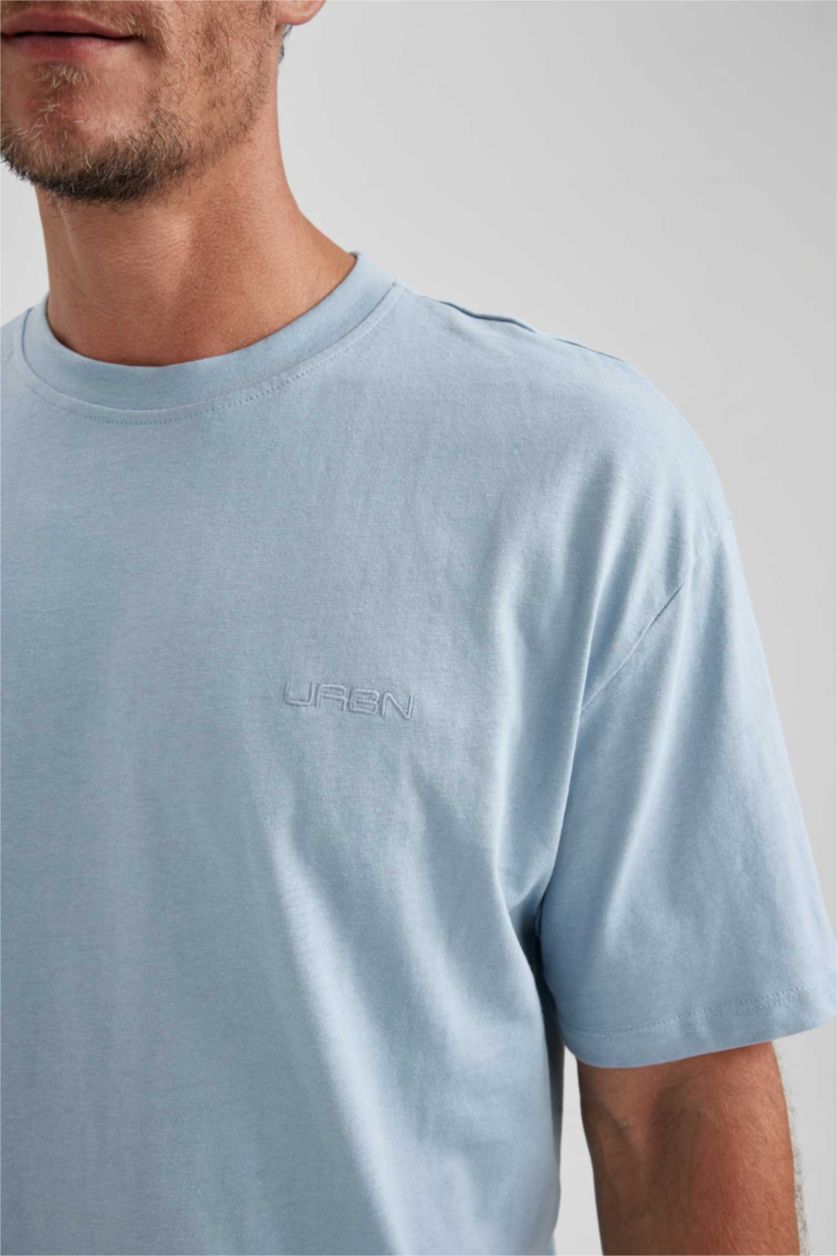 Erkek Açık Mavi %100 Pamuk Oversize Geniş Kalıp Bisiklet Yaka Basic Düz Kısa Kollu Tişört