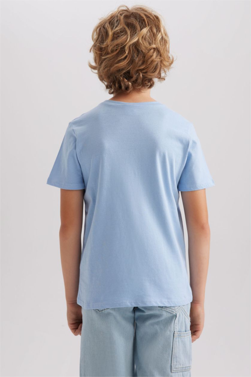 Erkek Çocuk - Genç Erkek Mavi Bisiklet Yaka Basic Düz Kısa Kollu Tişört Erkek Çocuk