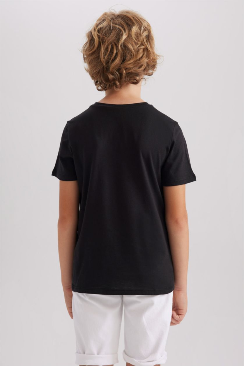 Erkek Çocuk - Genç Erkek Siyah Bisiklet Yaka Basic Düz Kısa Kollu Tişört Erkek Çocuk
