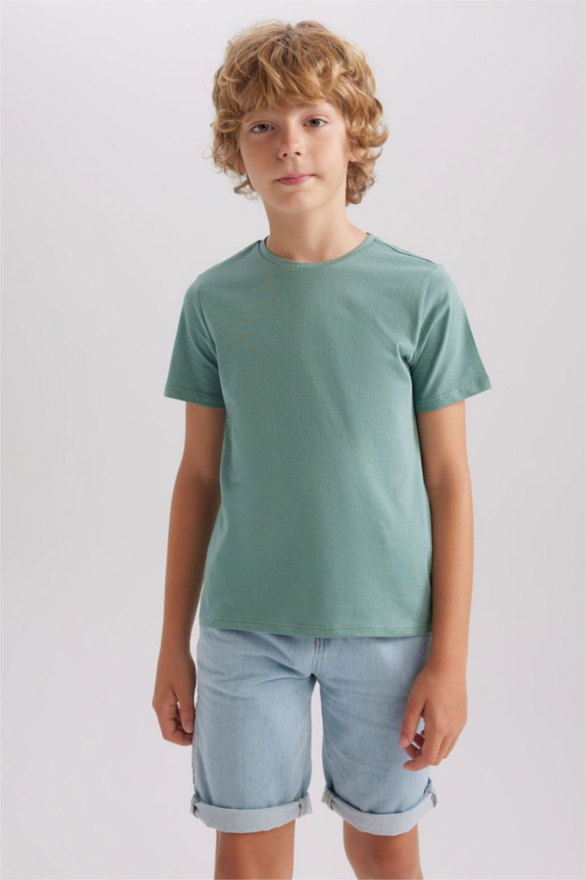 Erkek Çocuk - Genç Erkek Yeşil Bisiklet Yaka Basic Düz Kısa Kollu Tişört Erkek Çocuk