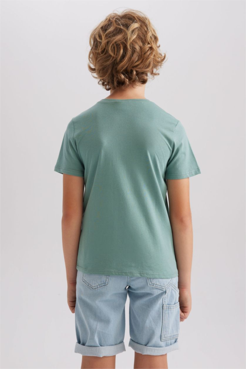 Erkek Çocuk - Genç Erkek Yeşil Bisiklet Yaka Basic Düz Kısa Kollu Tişört Erkek Çocuk