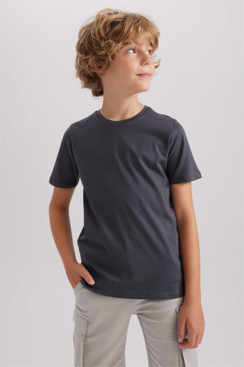 Erkek Çocuk - Genç Erkek Koyu Gri Bisiklet Yaka Basic Düz Kısa Kollu Tişört Erkek Çocuk