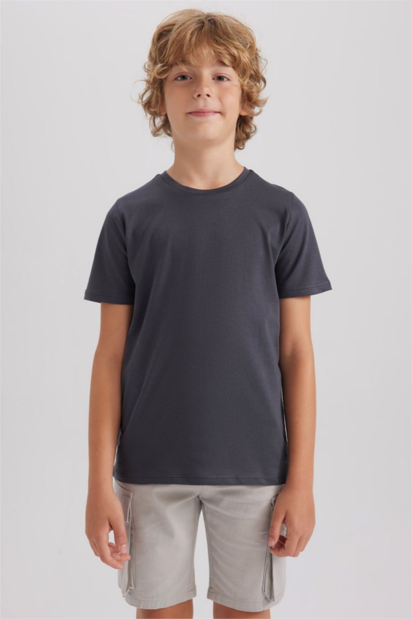 Erkek Çocuk - Genç Erkek Koyu Gri Bisiklet Yaka Basic Düz Kısa Kollu Tişört Erkek Çocuk