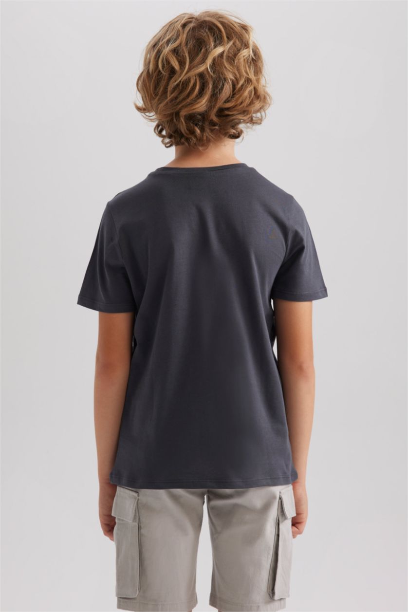 Erkek Çocuk - Genç Erkek Koyu Gri Bisiklet Yaka Basic Düz Kısa Kollu Tişört Erkek Çocuk