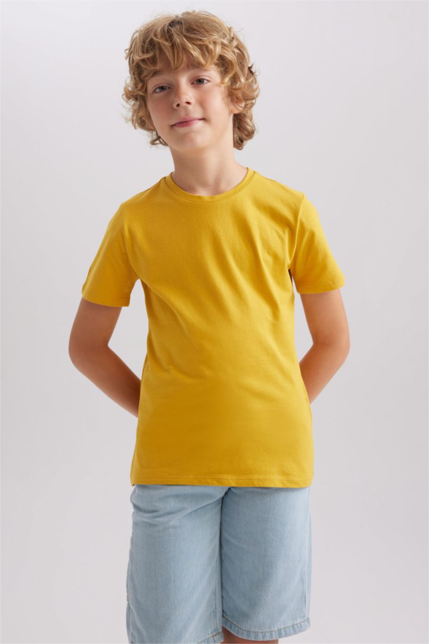 Erkek Çocuk - Genç Erkek Sarı Bisiklet Yaka Basic Düz Kısa Kollu Tişört Erkek Çocuk