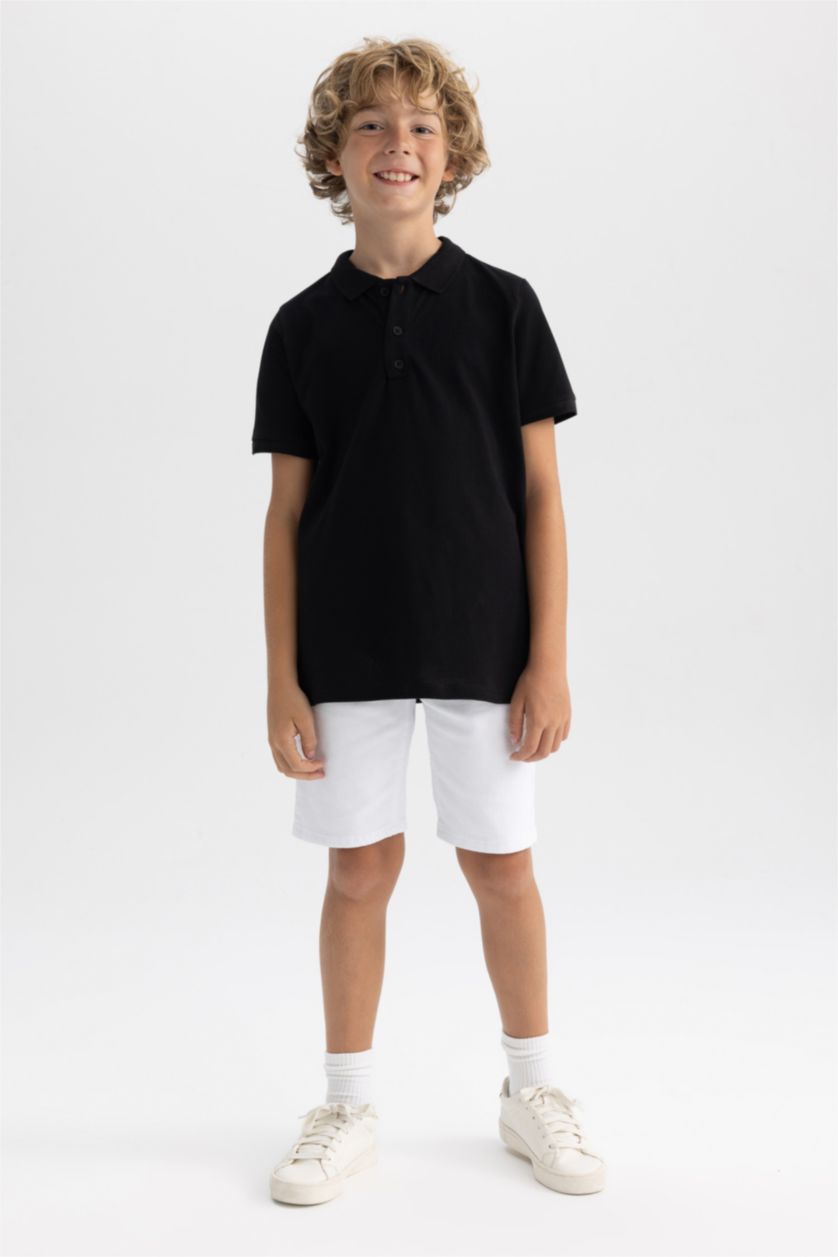 Erkek Çocuk - Genç Erkek Siyah Pike Kısa Kollu Basic Düz Polo Tişört Erkek Çocuk