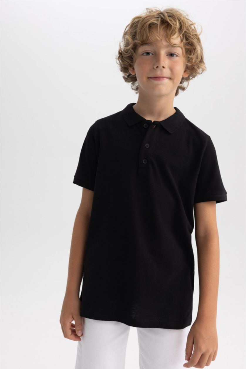 Erkek Çocuk - Genç Erkek Siyah Pike Kısa Kollu Basic Düz Polo Tişört Erkek Çocuk