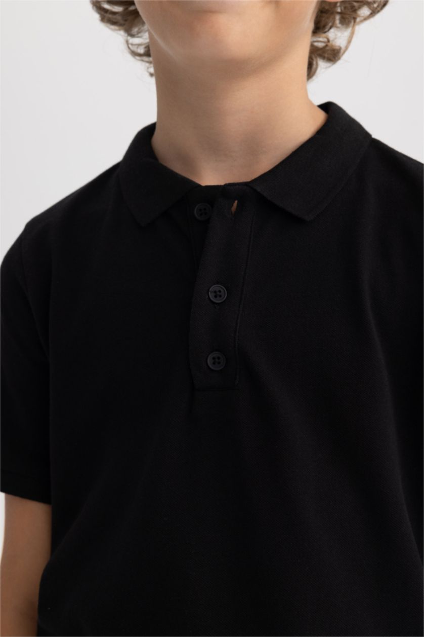 Erkek Çocuk - Genç Erkek Siyah Pike Kısa Kollu Basic Düz Polo Tişört Erkek Çocuk