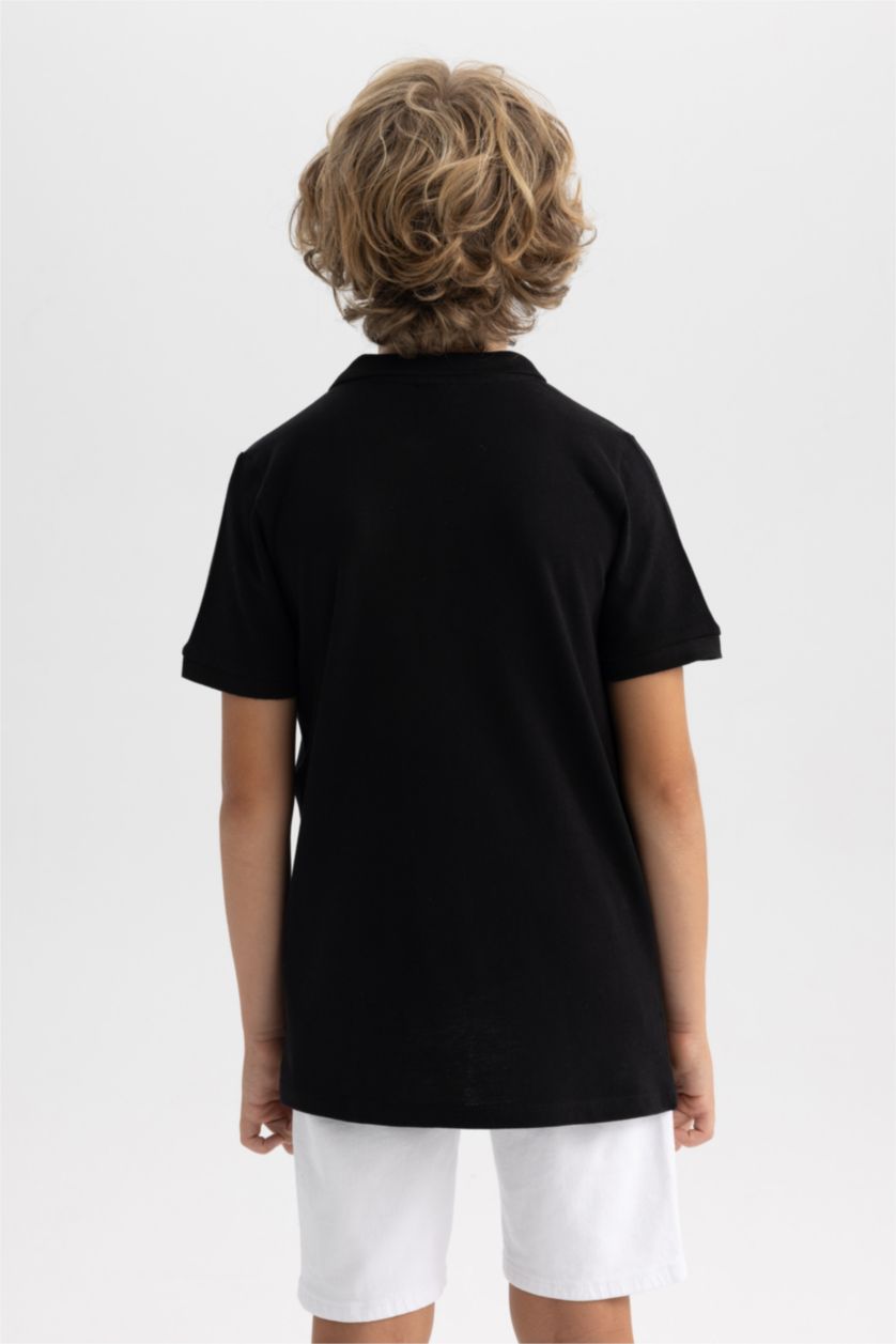 Erkek Çocuk - Genç Erkek Siyah Pike Kısa Kollu Basic Düz Polo Tişört Erkek Çocuk