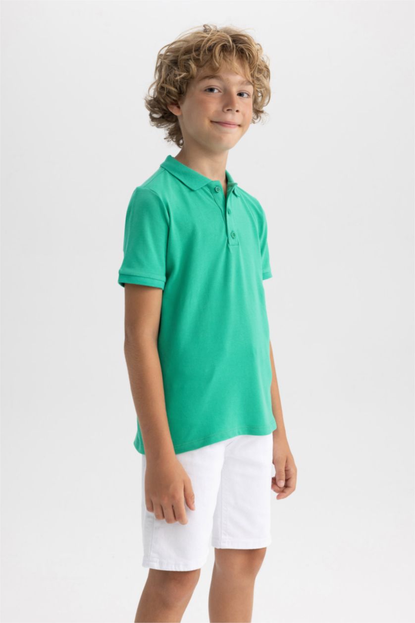 Erkek Çocuk - Genç Erkek Yeşil Polo Yaka Pike Kısa Kollu Basic Düz Tişört Erkek Çocuk