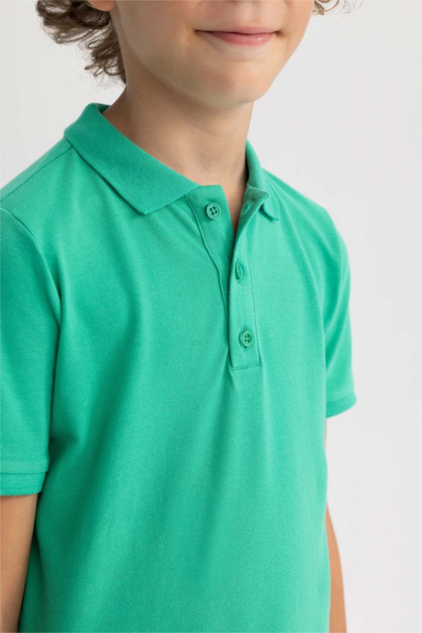 Erkek Çocuk - Genç Erkek Yeşil Polo Yaka Pike Kısa Kollu Basic Düz Tişört Erkek Çocuk