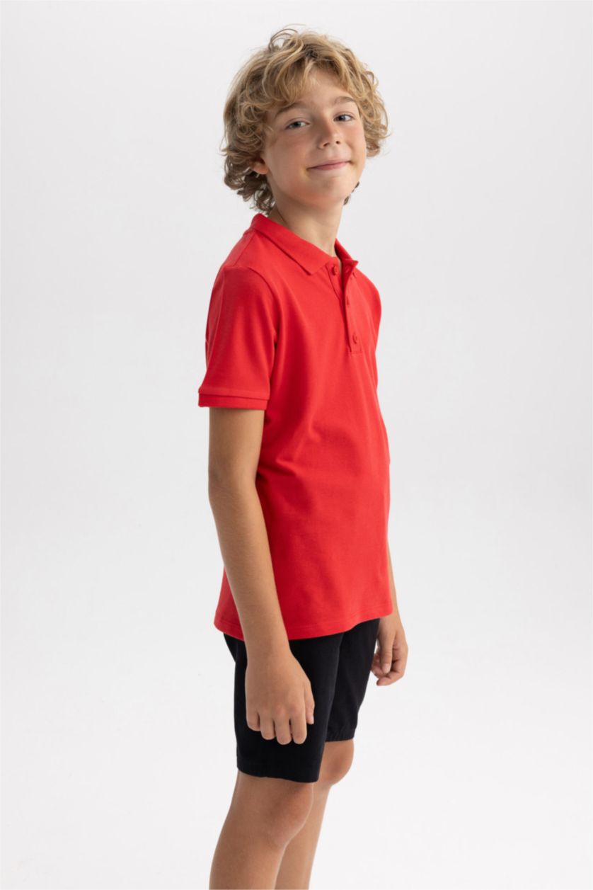 Erkek Çocuk - Genç Erkek Kırmızı Pike Kısa Kollu Basic Düz Polo Tişört Erkek Çocuk