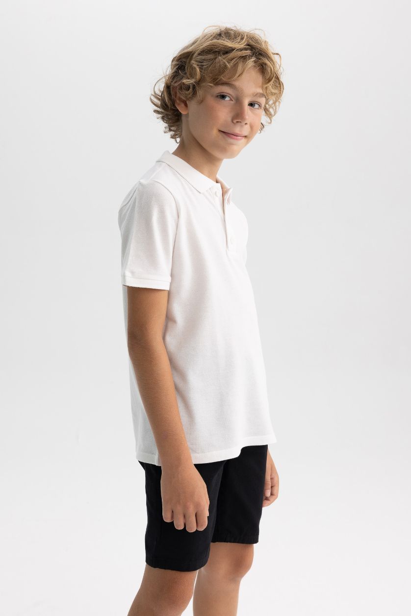 Erkek Çocuk - Genç Erkek Beyaz Pike Kısa Kollu Basic Düz Polo Tişört Erkek Çocuk